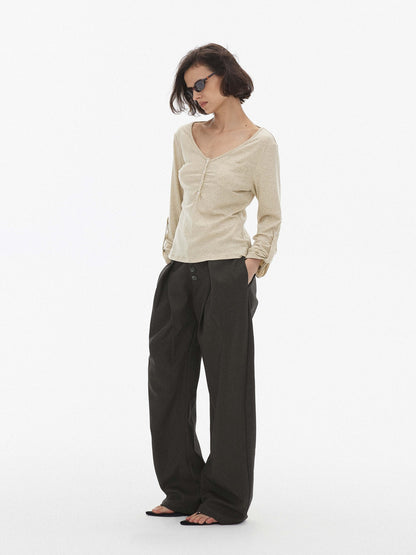 AFTADAWN Pleated Button Fly Straight Leg Lyocell Women&