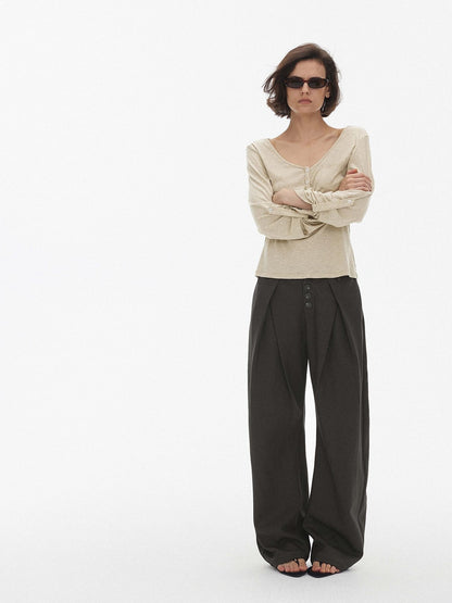 AFTADAWN Pleated Button Fly Straight Leg Lyocell Women&