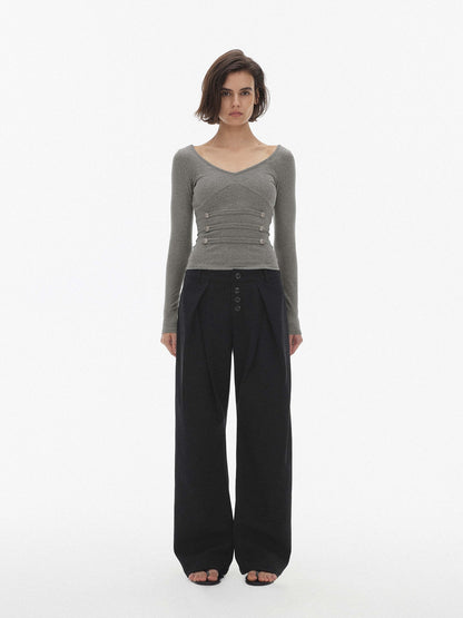 AFTADAWN Pleated Button Fly Straight Leg Lyocell Women&
