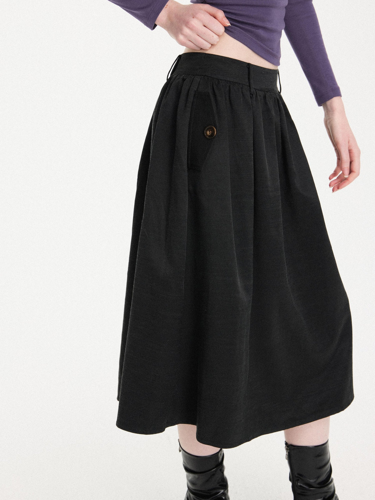 AFTADAWN Pleated Flared A Line Linen Blend Women&
