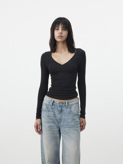 AFTADAWN Pleated V-neck Waist Cinch Women&