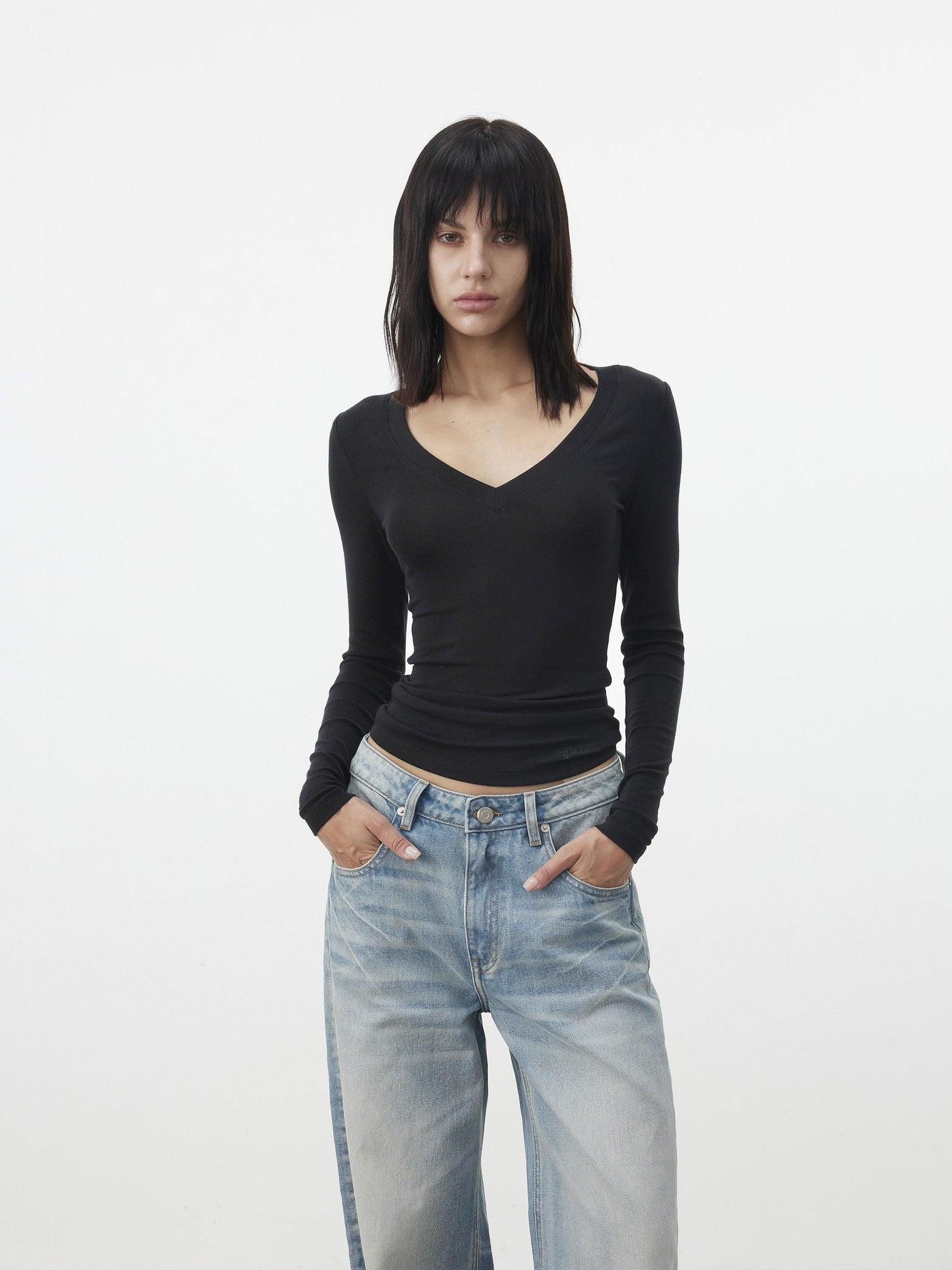 AFTADAWN Pleated V-neck Waist Cinch Women&