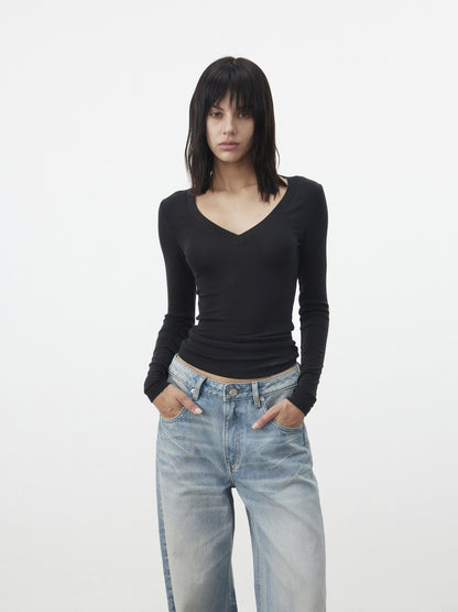 AFTADAWN Pleated V-neck Waist Cinch Women&
