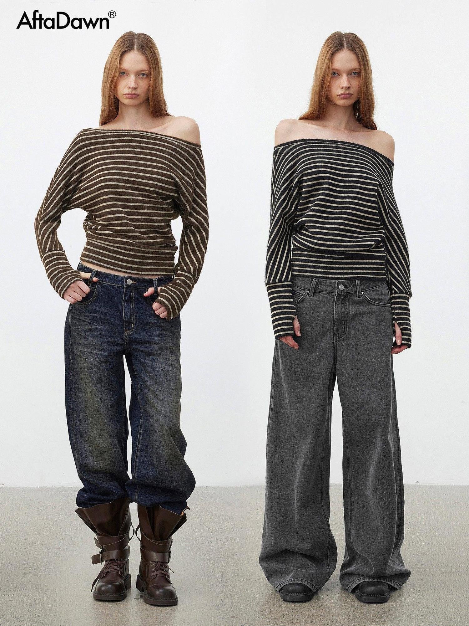 AFTADAWN Plush Striped Asymmetric Shoulder Women&