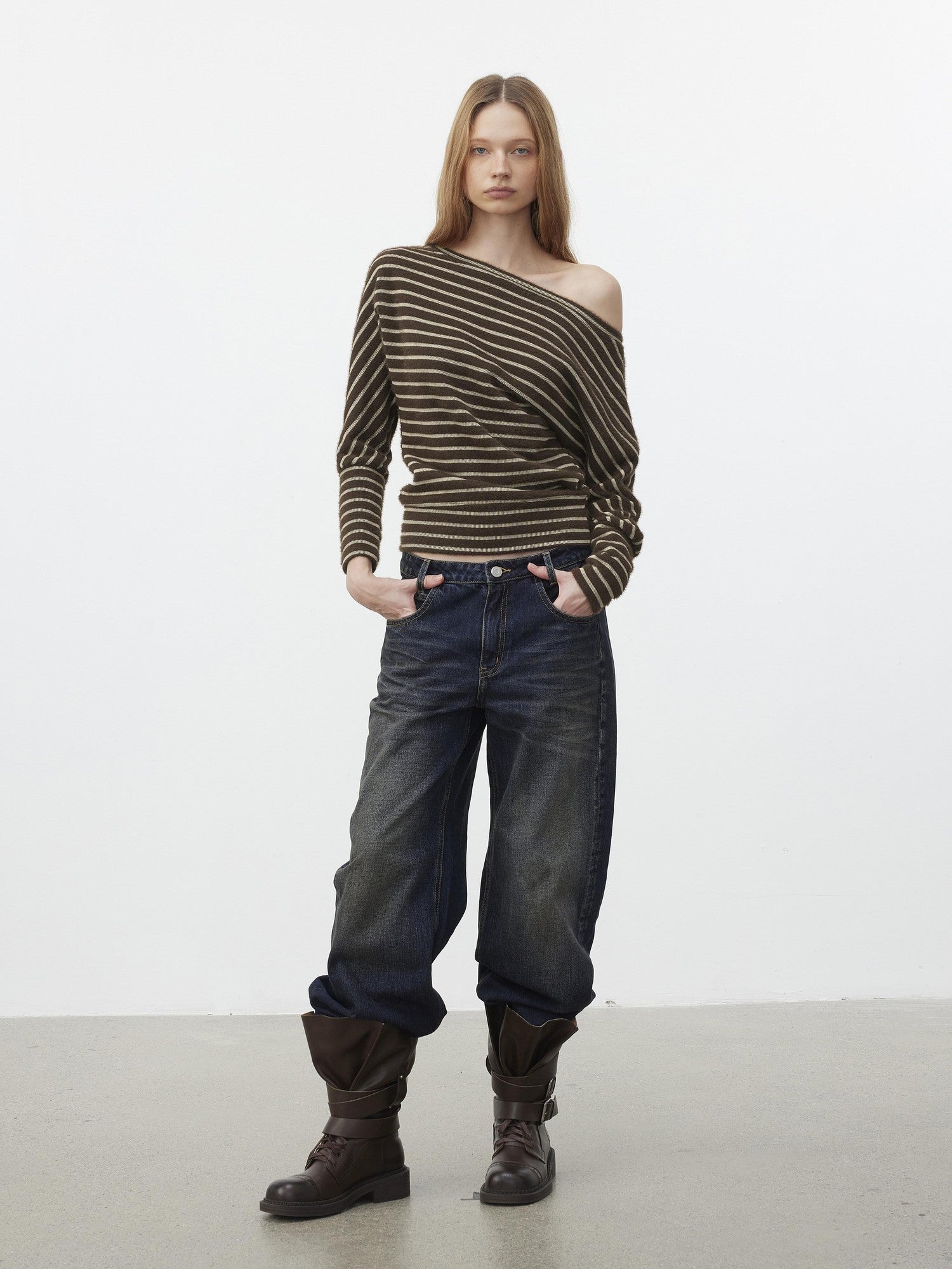 AFTADAWN Plush Striped Asymmetric Shoulder Women&