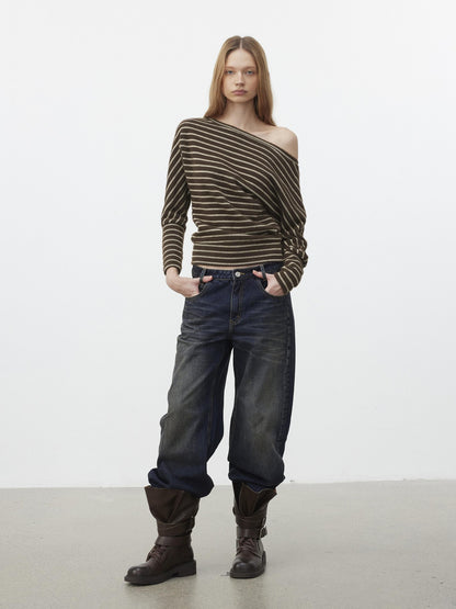 AFTADAWN Plush Striped Asymmetric Shoulder Women&