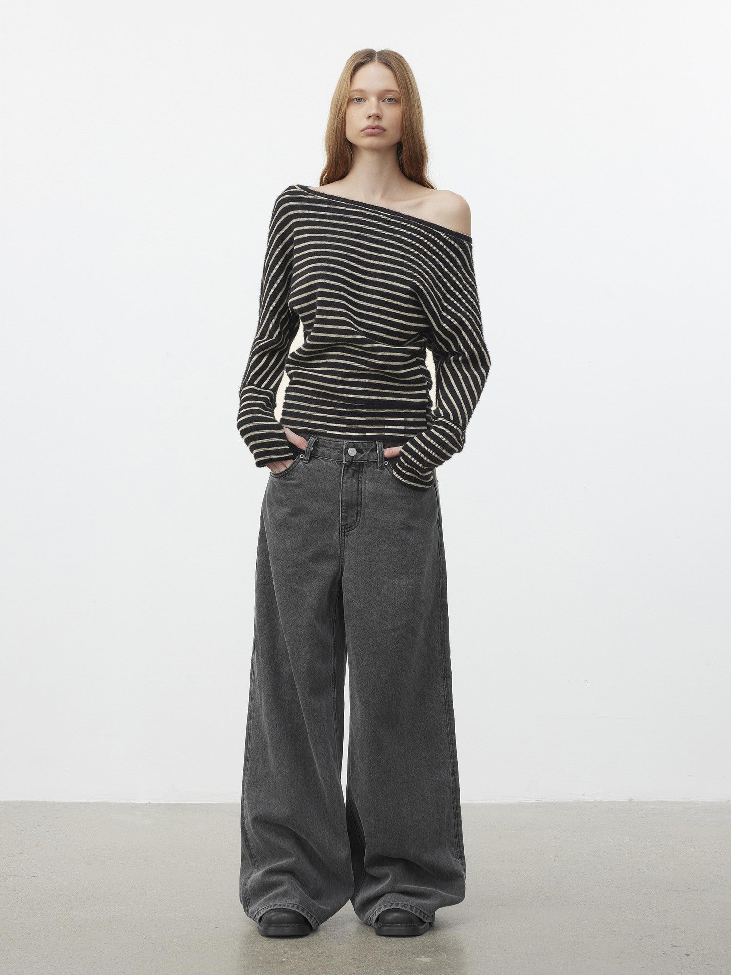 AFTADAWN Plush Striped Asymmetric Shoulder Women&