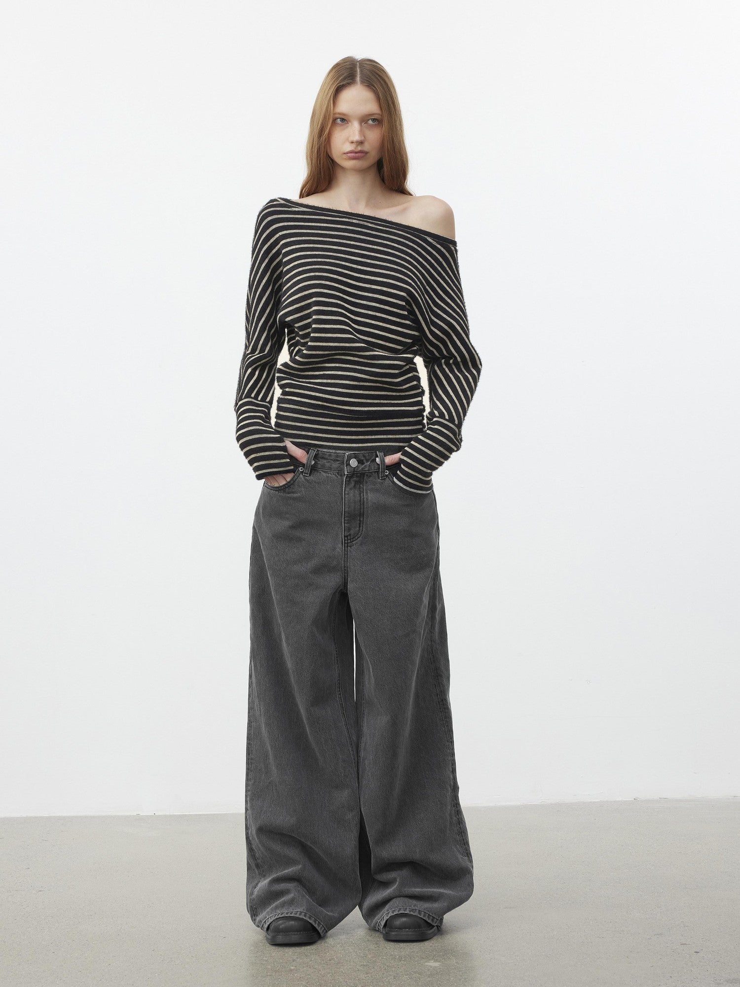 AFTADAWN Plush Striped Asymmetric Shoulder Women&