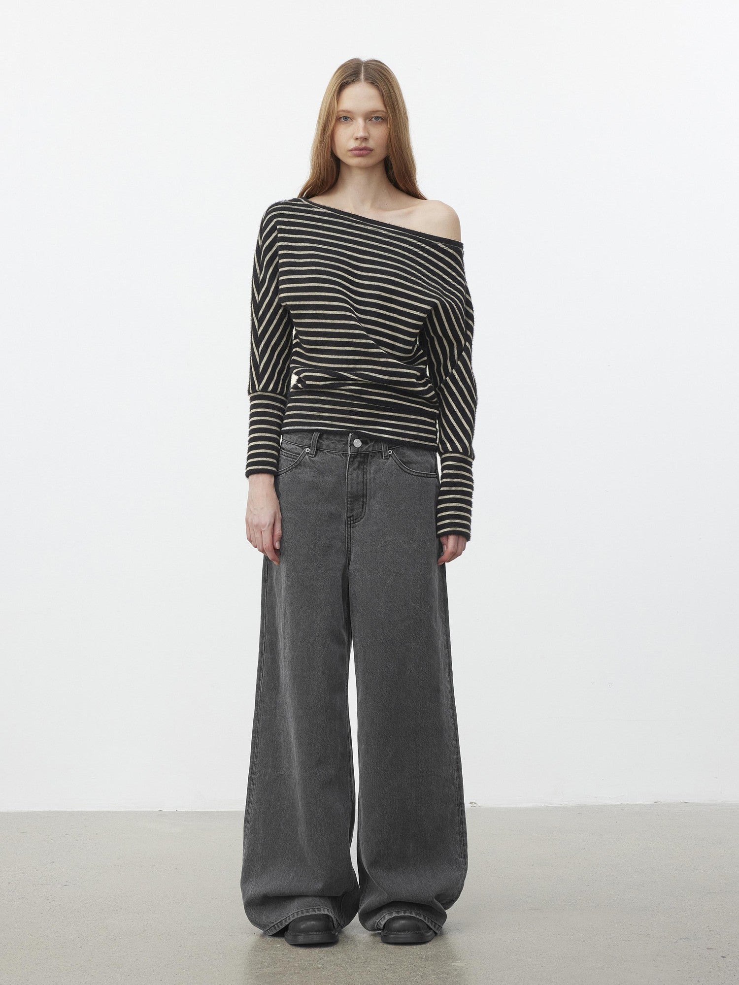 AFTADAWN Plush Striped Asymmetric Shoulder Women&