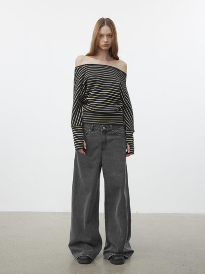 AFTADAWN Plush Striped Asymmetric Shoulder Women&