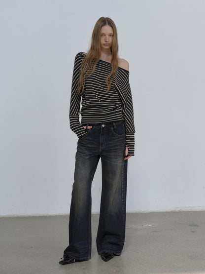 AFTADAWN Plush Striped Asymmetric Shoulder Women&