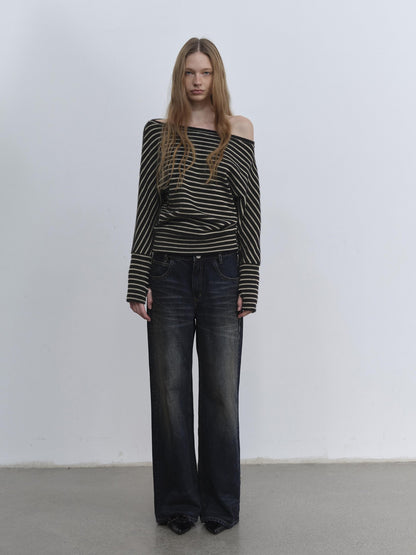 AFTADAWN Plush Striped Asymmetric Shoulder Women&