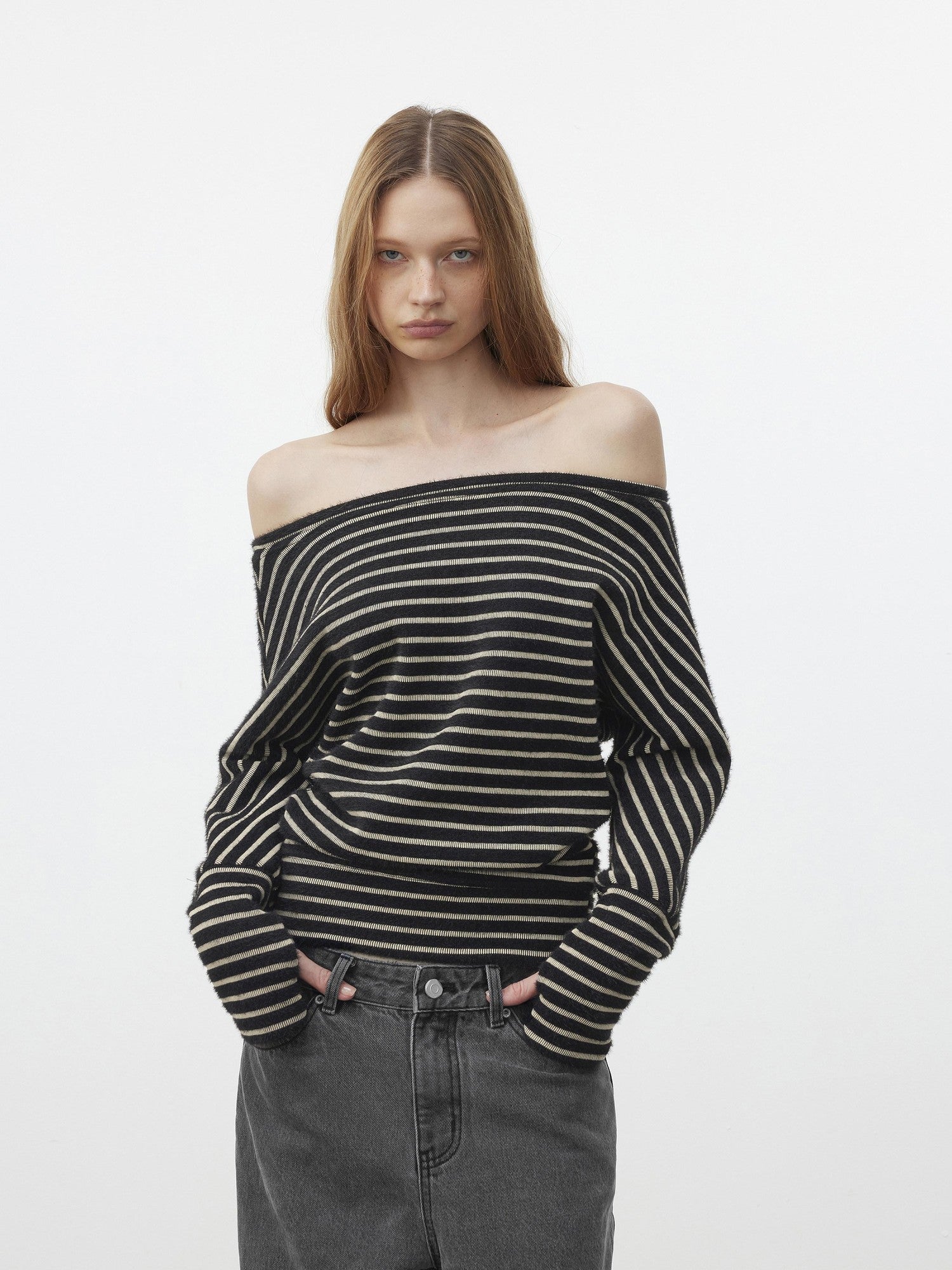 AFTADAWN Plush Striped Asymmetric Shoulder Women&
