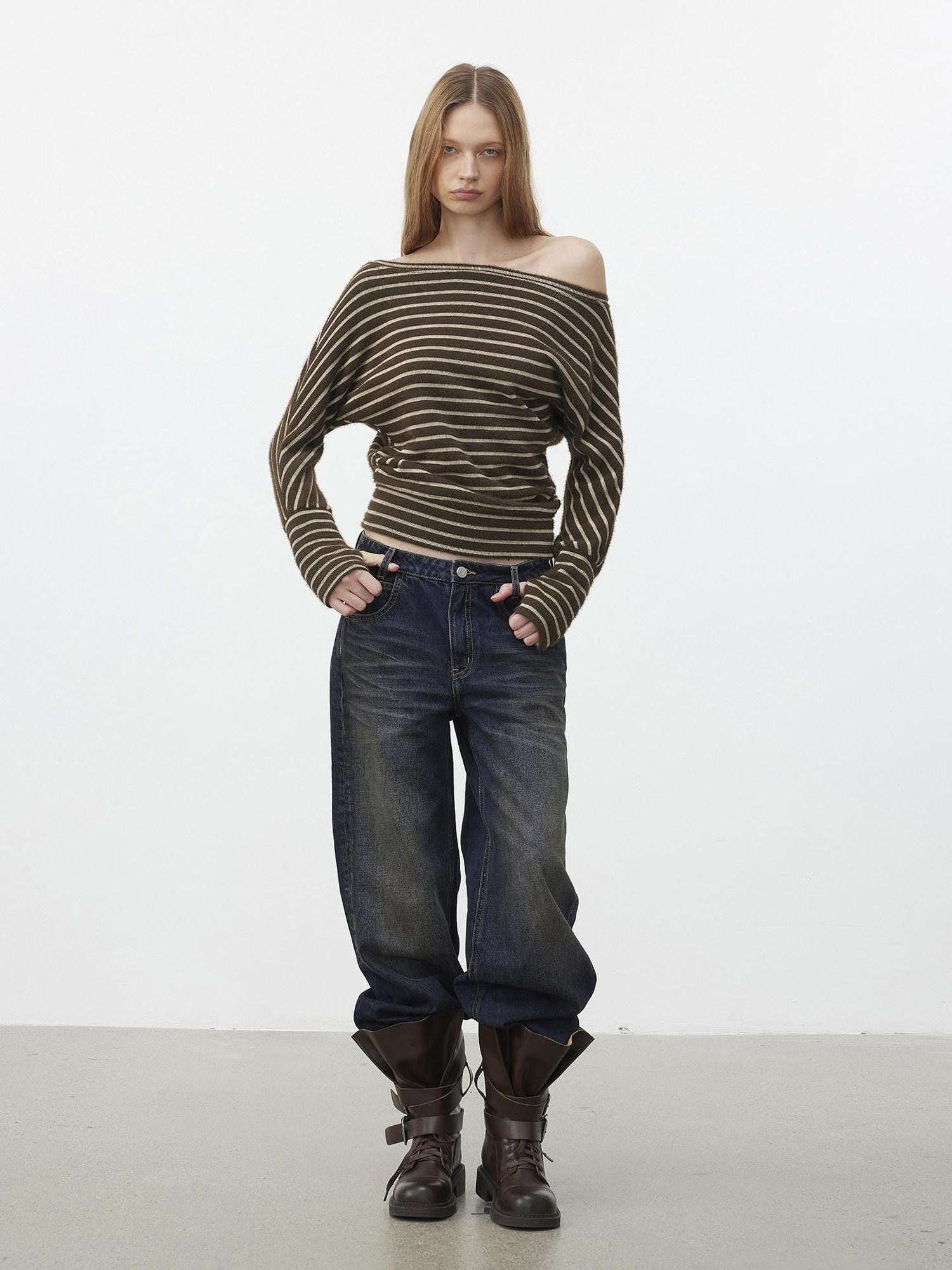 AFTADAWN Plush Striped Asymmetric Shoulder Women&