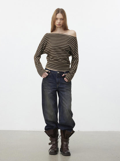 AFTADAWN Plush Striped Asymmetric Shoulder Women&