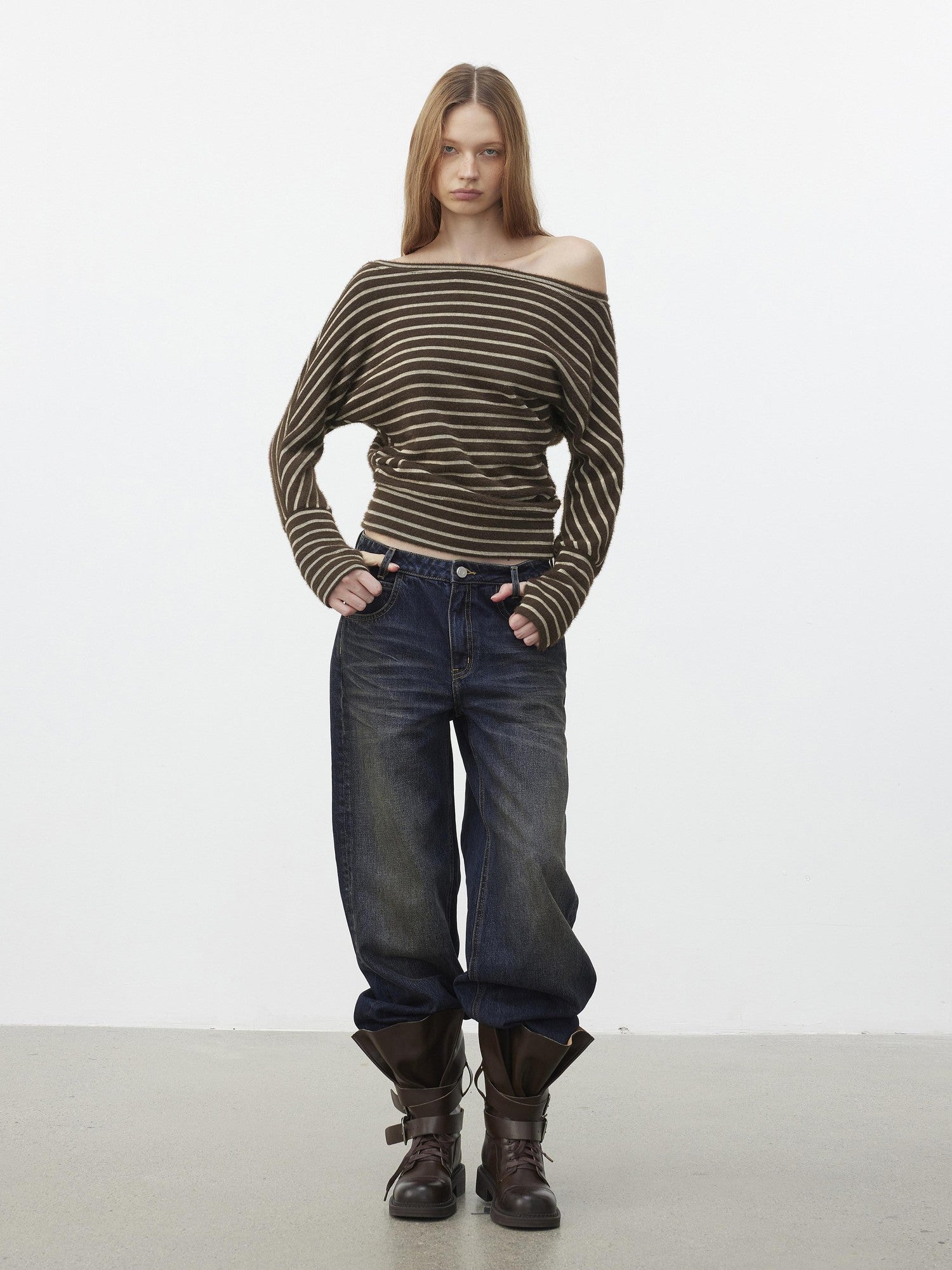 AFTADAWN Plush Striped Asymmetric Shoulder Women&