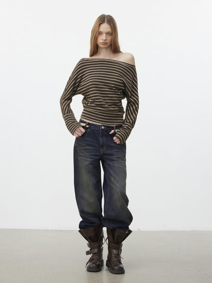AFTADAWN Plush Striped Asymmetric Shoulder Women&