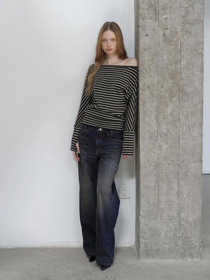 AFTADAWN Plush Striped Asymmetric Shoulder Women&