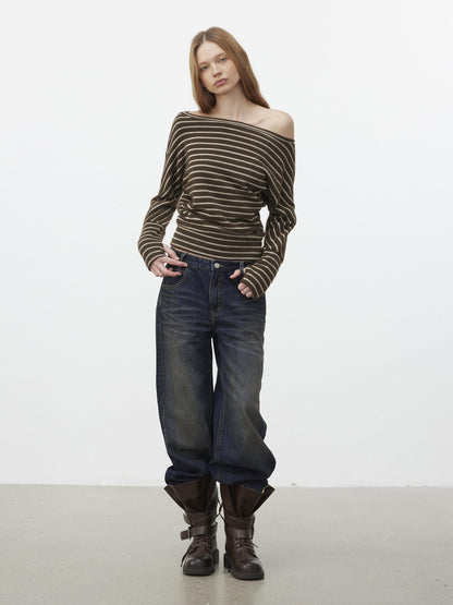 AFTADAWN Plush Striped Asymmetric Shoulder Women&