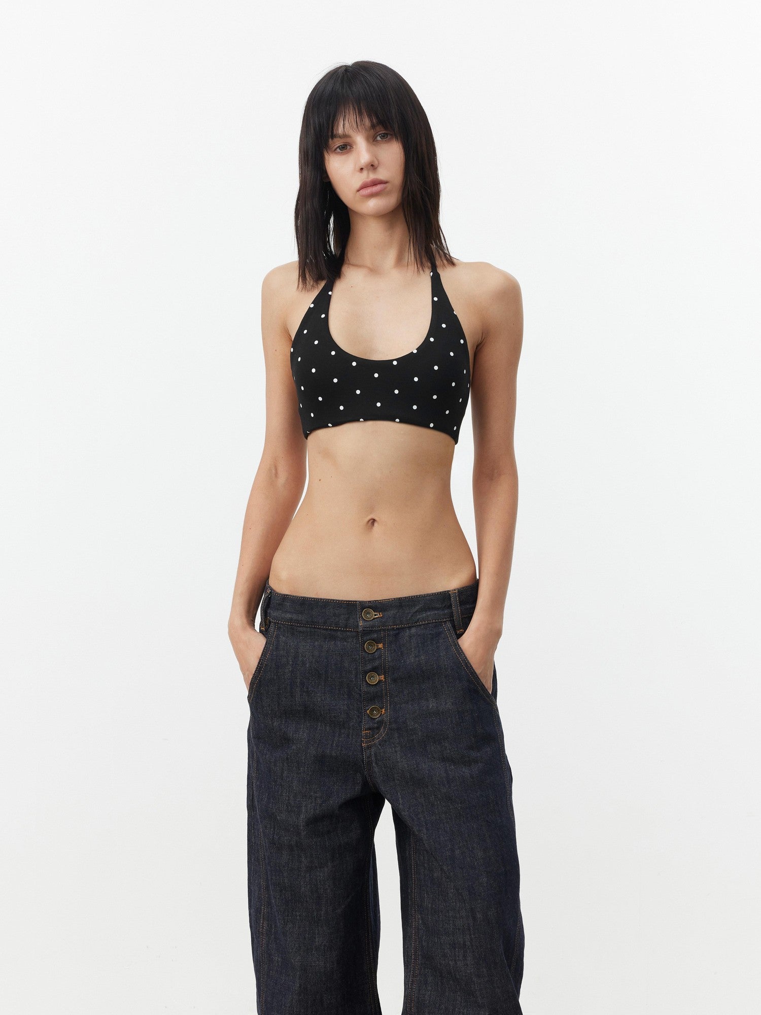 AFTADAWN Polka Dot Contrast Halter U Neck Backless Removable Pad Women&
