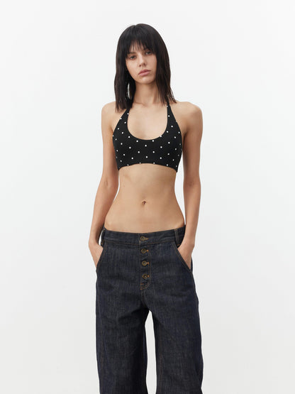 AFTADAWN Polka Dot Contrast Halter U Neck Backless Removable Pad Women&