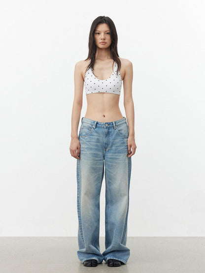 AFTADAWN Polka Dot Contrast Halter U Neck Backless Removable Pad Women&