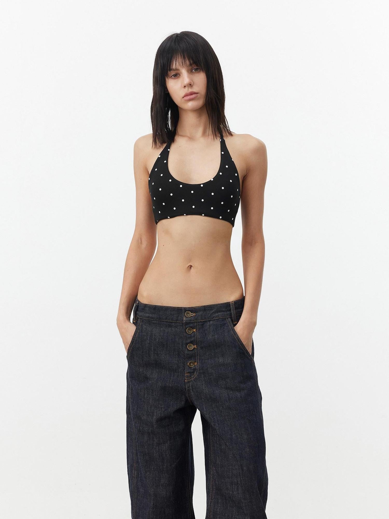 AFTADAWN Polka Dot Contrast Halter U Neck Backless Removable Pad Women&
