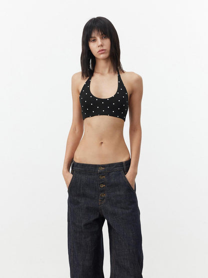 AFTADAWN Polka Dot Contrast Halter U Neck Backless Removable Pad Women&