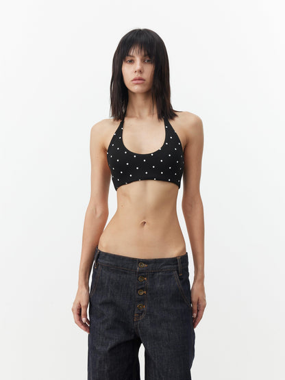 AFTADAWN Polka Dot Contrast Halter U Neck Backless Removable Pad Women&