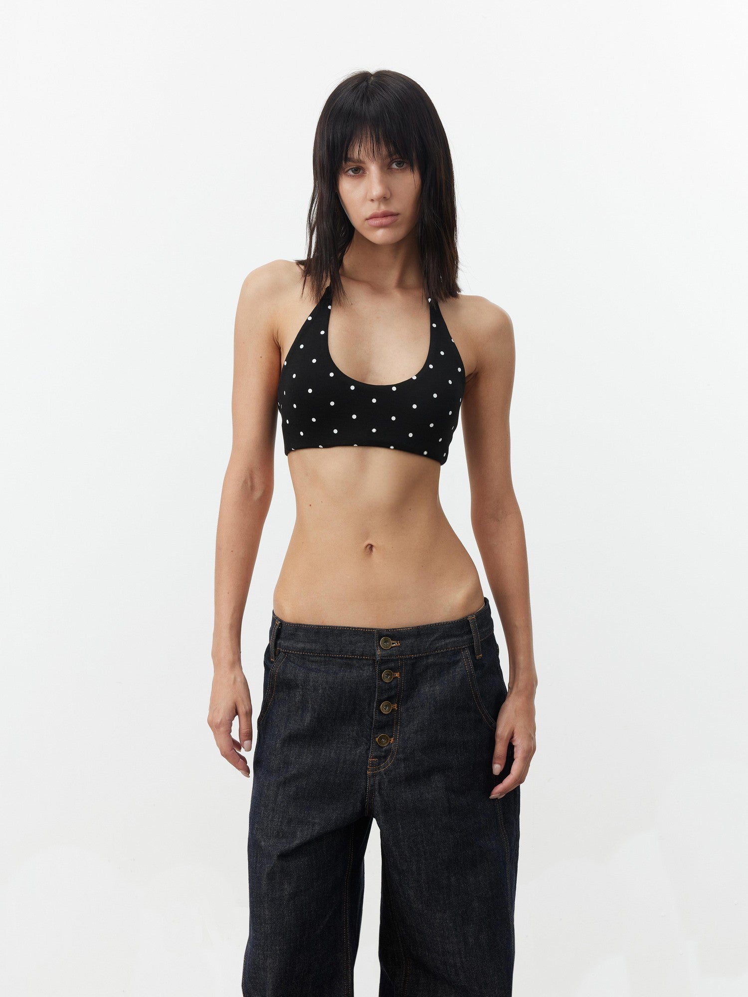 AFTADAWN Polka Dot Contrast Halter U Neck Backless Removable Pad Women&