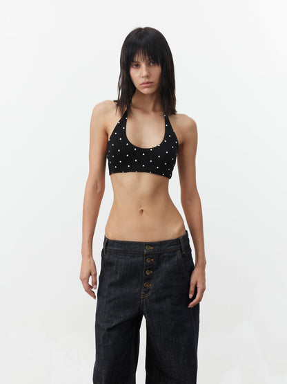 AFTADAWN Polka Dot Contrast Halter U Neck Backless Removable Pad Women&