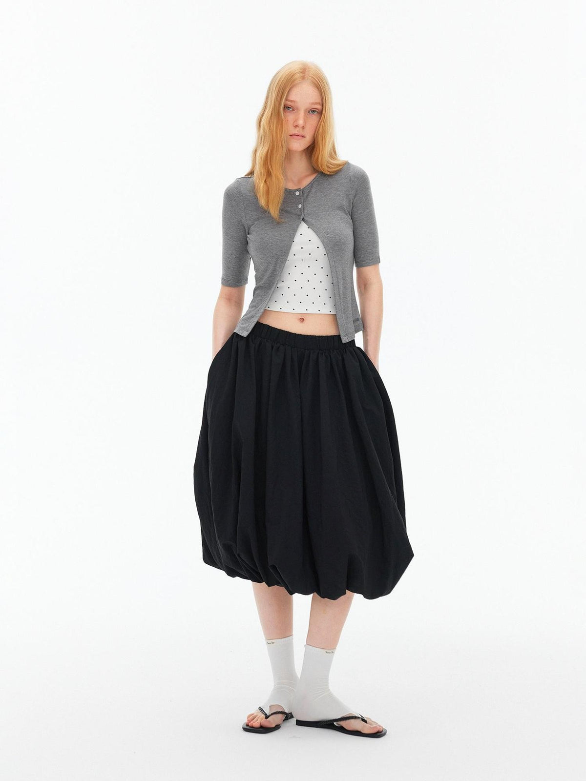 AFTADAWN Polka Dot Embroidered Button Front Round Neck Women&
