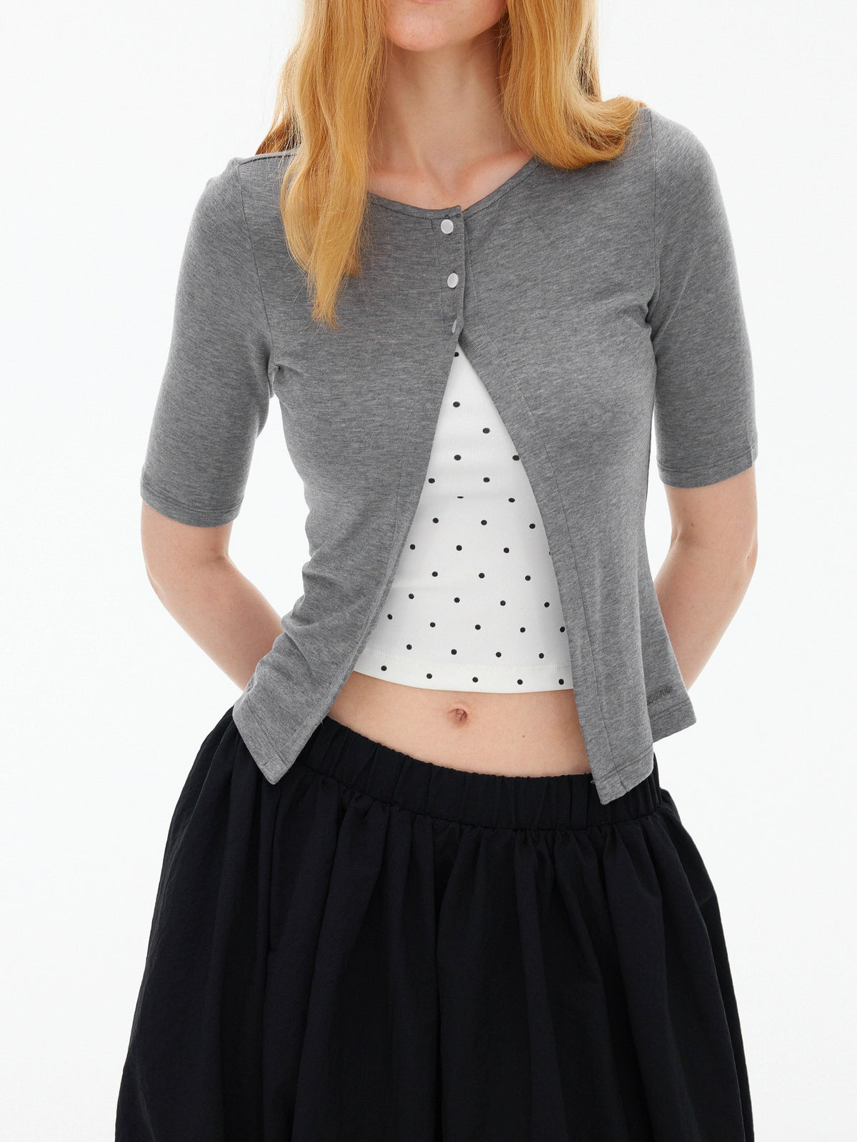AFTADAWN Polka Dot Embroidered Button Front Round Neck Women&