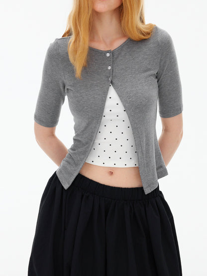 AFTADAWN Polka Dot Embroidered Button Front Round Neck Women&