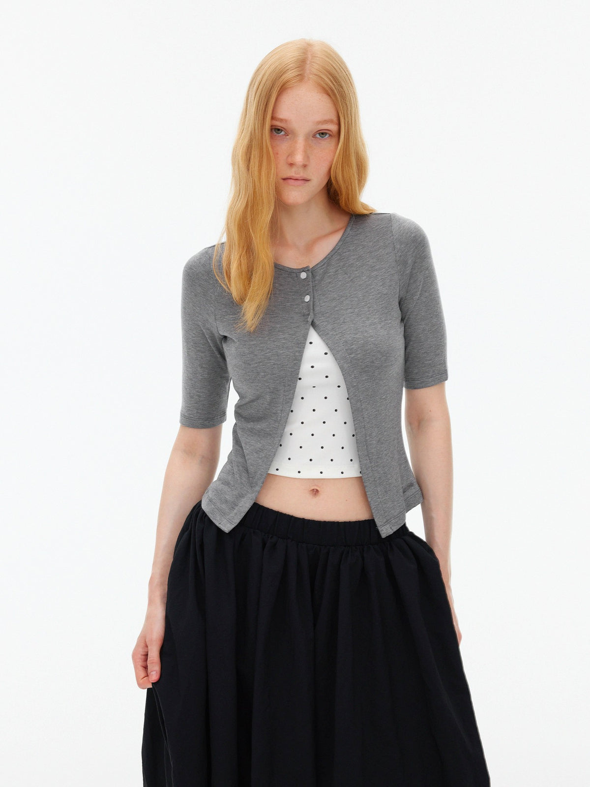 AFTADAWN Polka Dot Embroidered Button Front Round Neck Women&