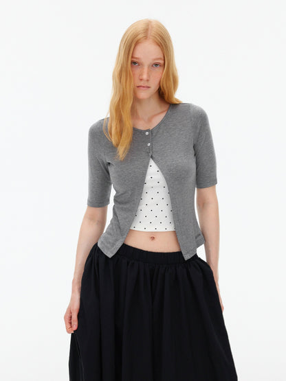 AFTADAWN Polka Dot Embroidered Button Front Round Neck Women&