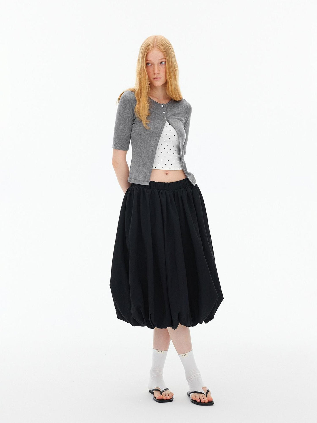 AFTADAWN Polka Dot Embroidered Button Front Round Neck Women&