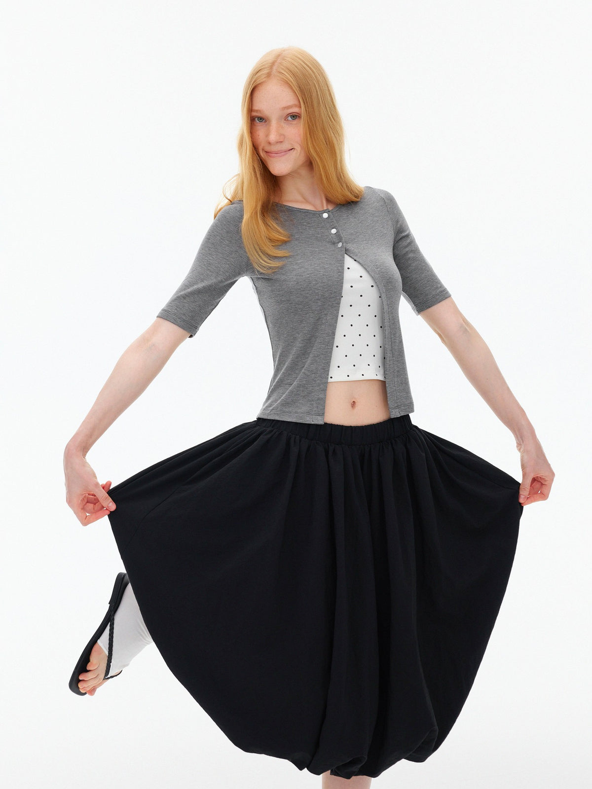 AFTADAWN Polka Dot Embroidered Button Front Round Neck Women&