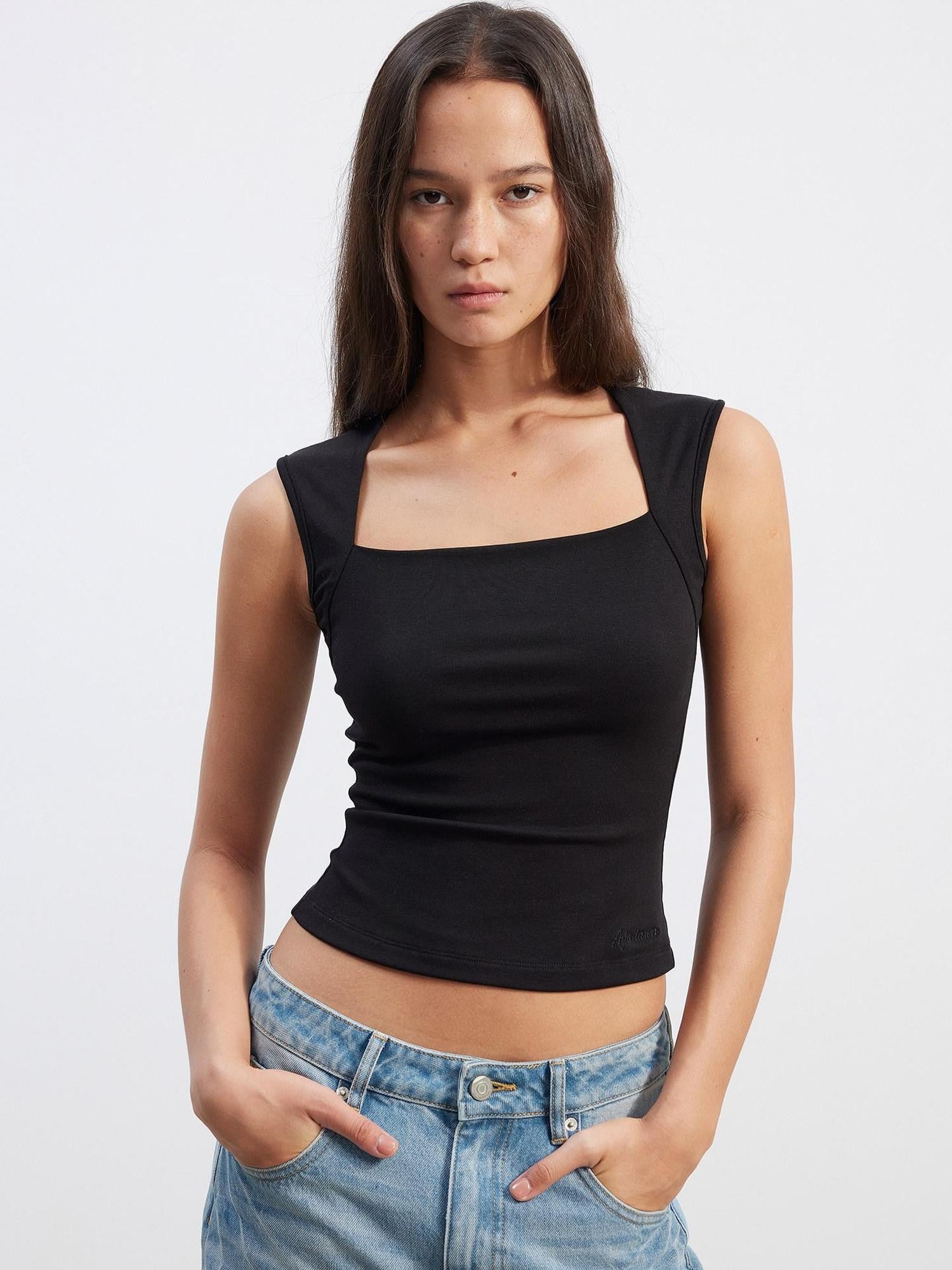 AFTADAWN Polka Dot Embroidered Square Neck Slim Fit Women&