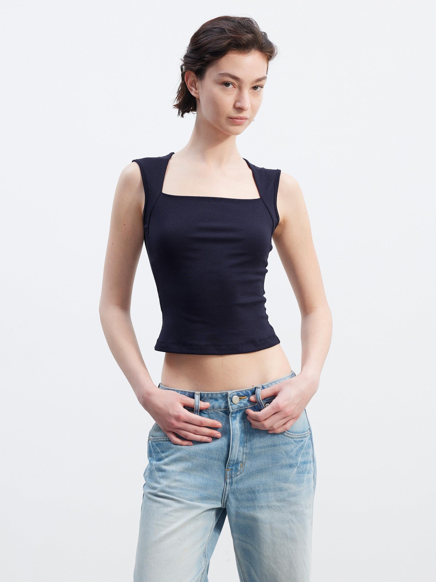 AFTADAWN Polka Dot Embroidered Square Neck Slim Fit Women&