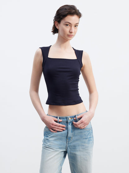 AFTADAWN Polka Dot Embroidered Square Neck Slim Fit Women&