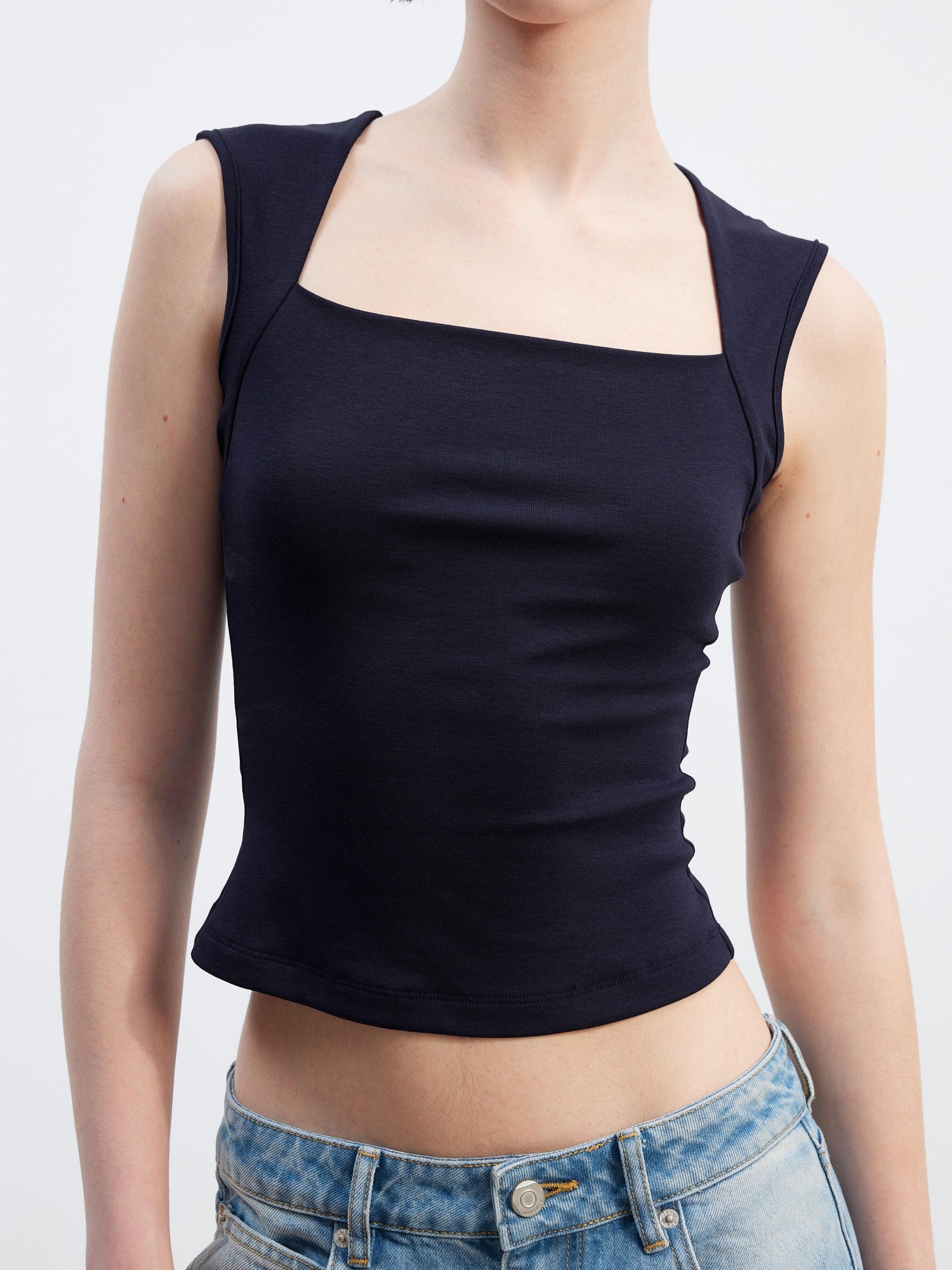 AFTADAWN Polka Dot Embroidered Square Neck Slim Fit Women&