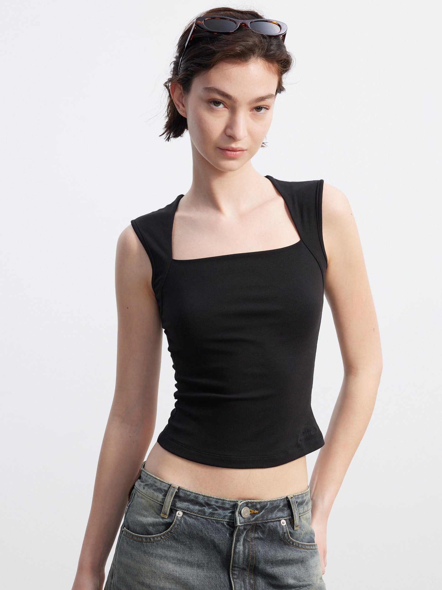AFTADAWN Polka Dot Embroidered Square Neck Slim Fit Women&