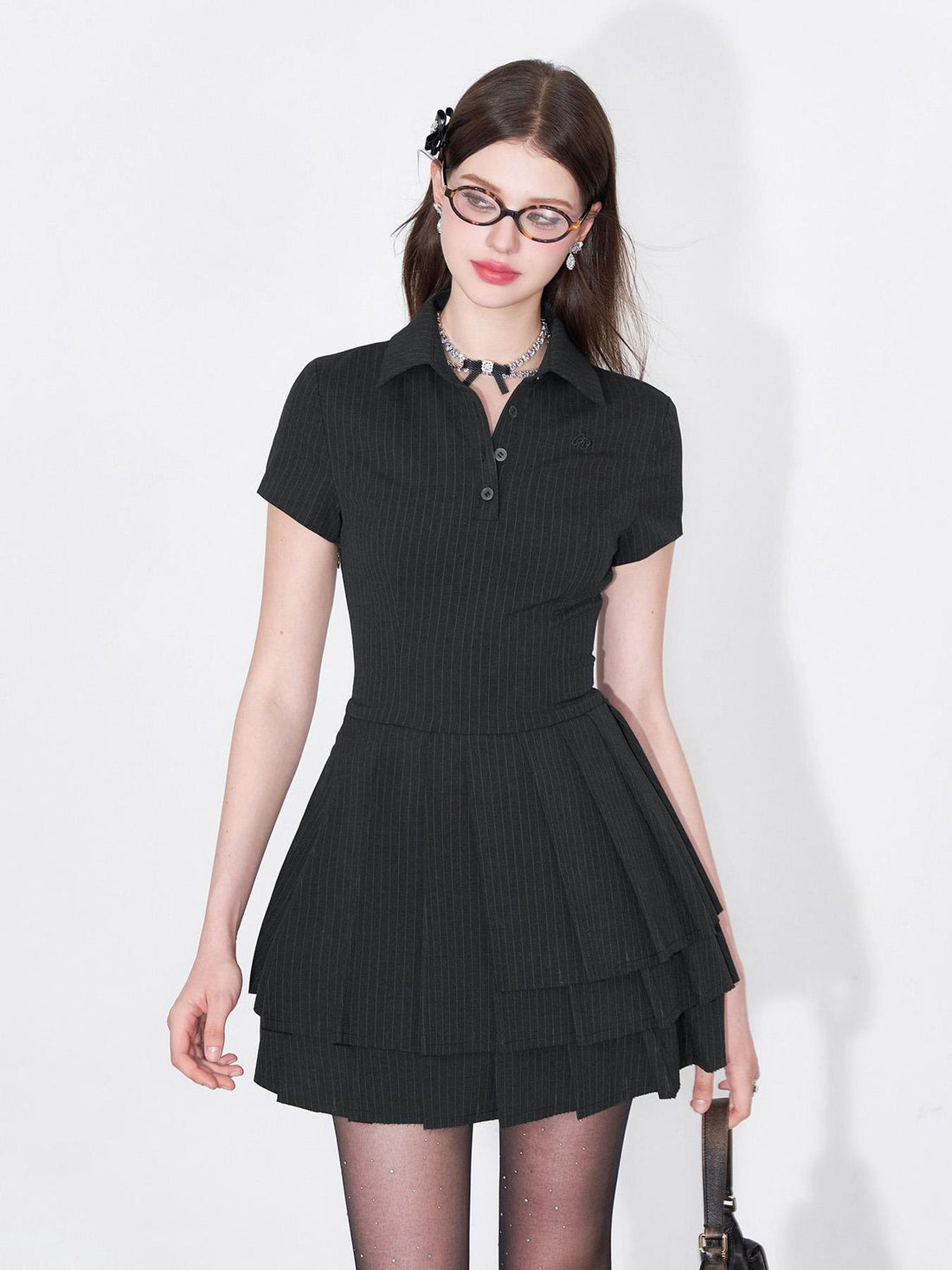 AFTADAWN Polo Collar Pleated Striped Sleeveless Dress
