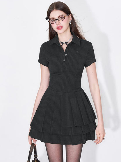 AFTADAWN Polo Collar Pleated Striped Sleeveless Dress