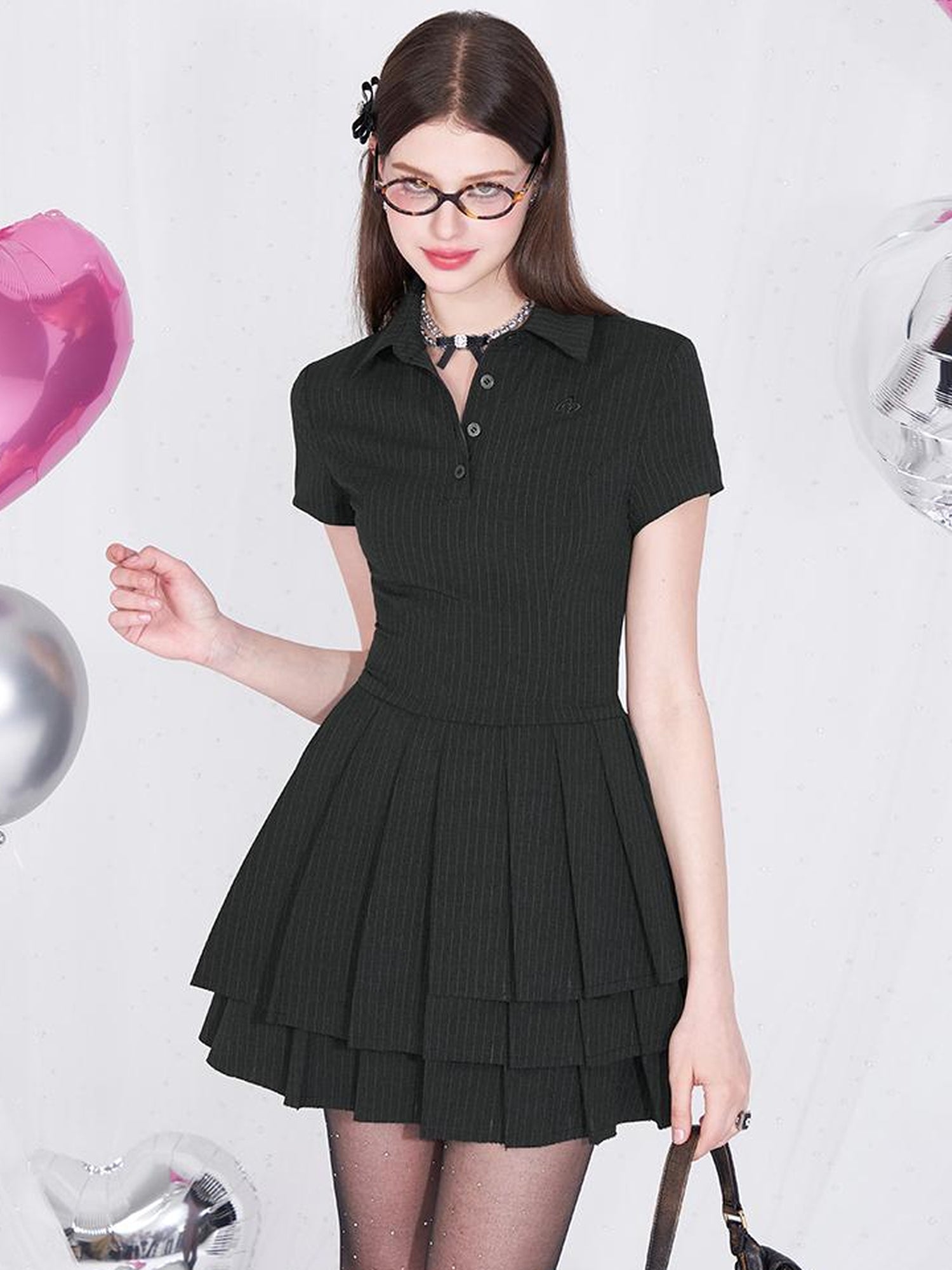 AFTADAWN Polo Collar Pleated Striped Sleeveless Dress