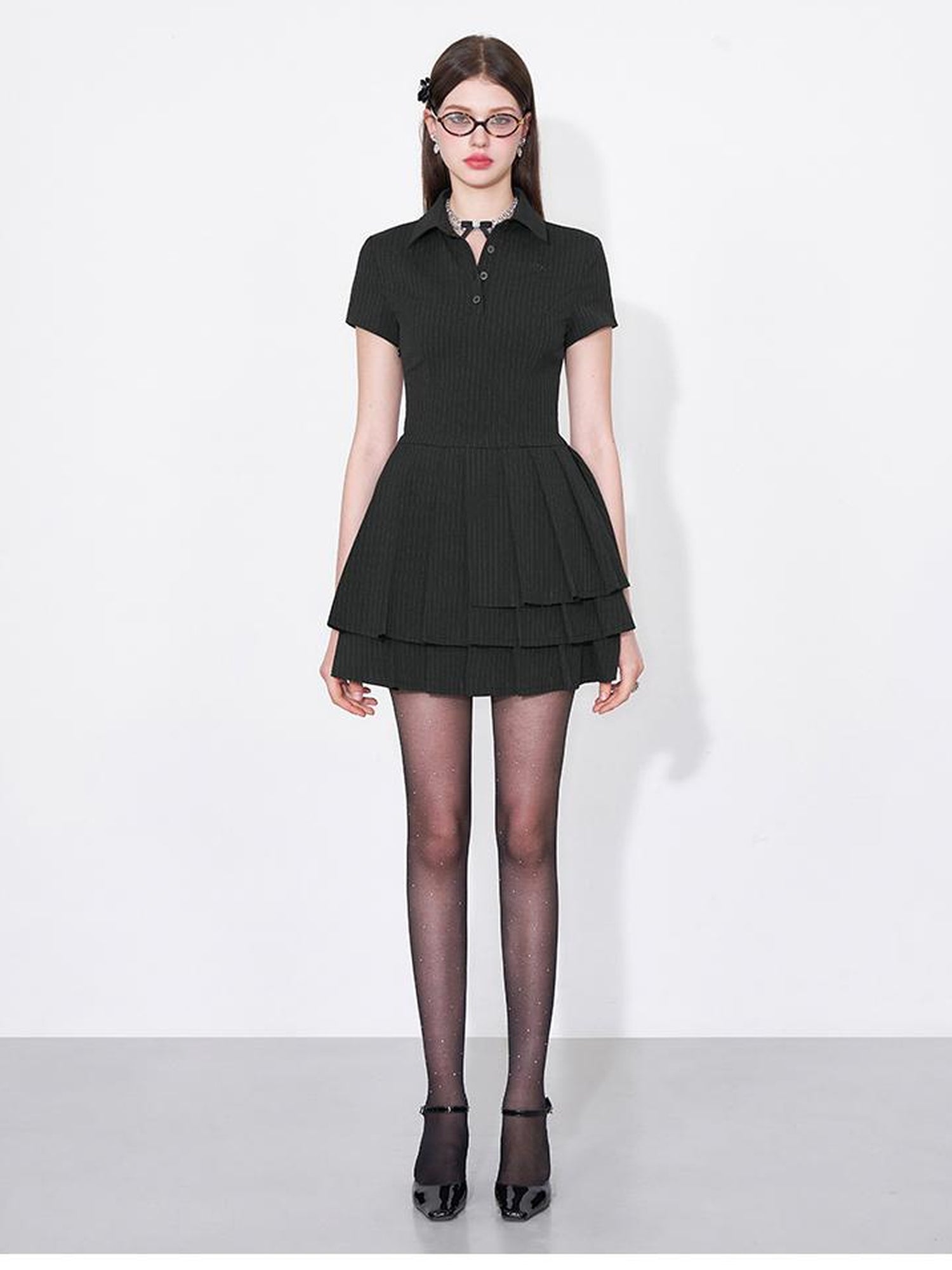AFTADAWN Polo Collar Pleated Striped Sleeveless Dress