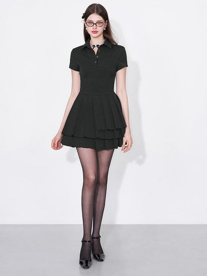 AFTADAWN Polo Collar Pleated Striped Sleeveless Dress