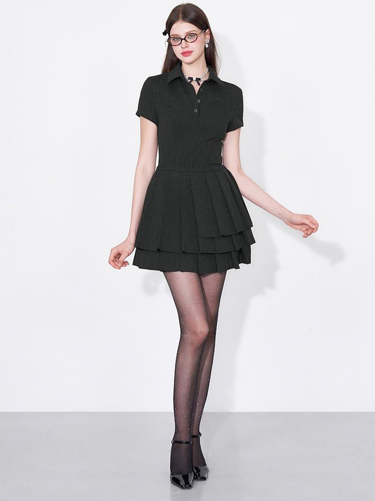 AFTADAWN Polo Collar Pleated Striped Sleeveless Dress