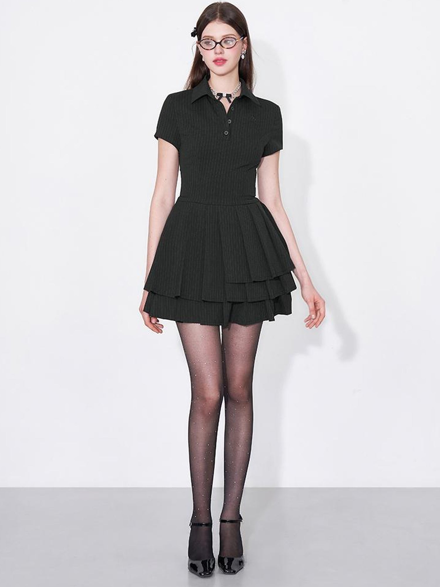 AFTADAWN Polo Collar Pleated Striped Sleeveless Dress